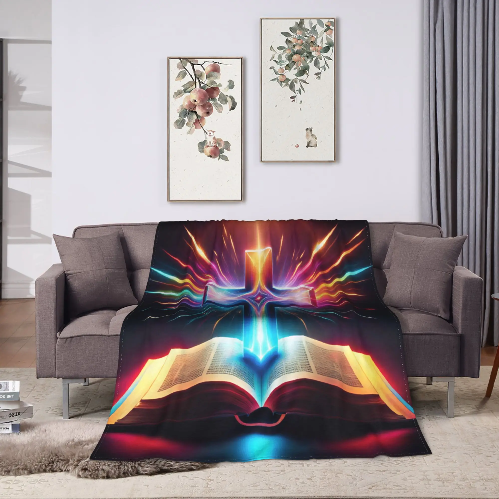 Prismatic Light Cross Open Holy Book Rainbow Rays Christian Faith Graphic Throw Blanket Soft Cozy Blanket Bed Cover
