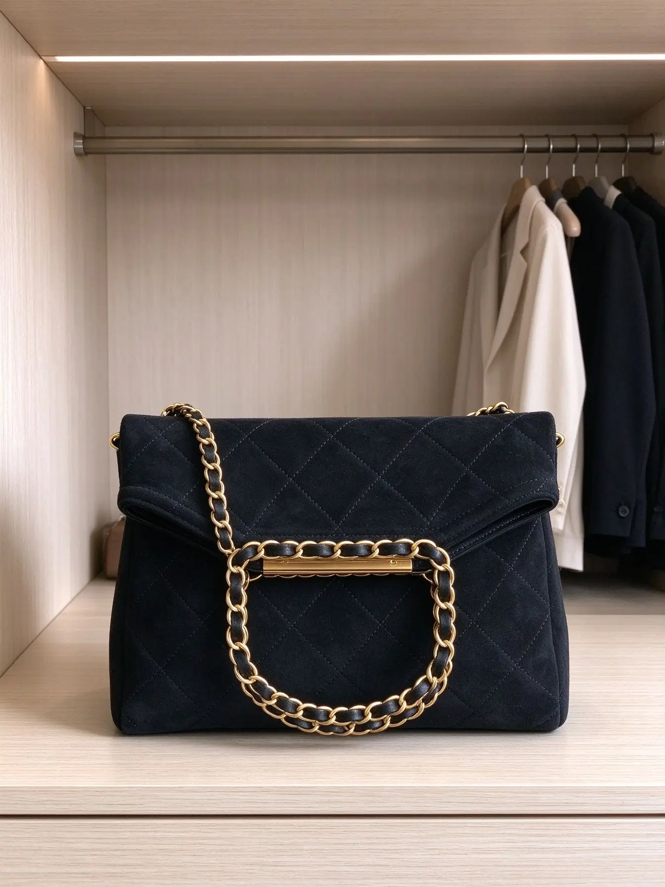 Women Quilted Flap Shoulder Bag Suede Like PU Leather Metal Chain Ladies Handbag