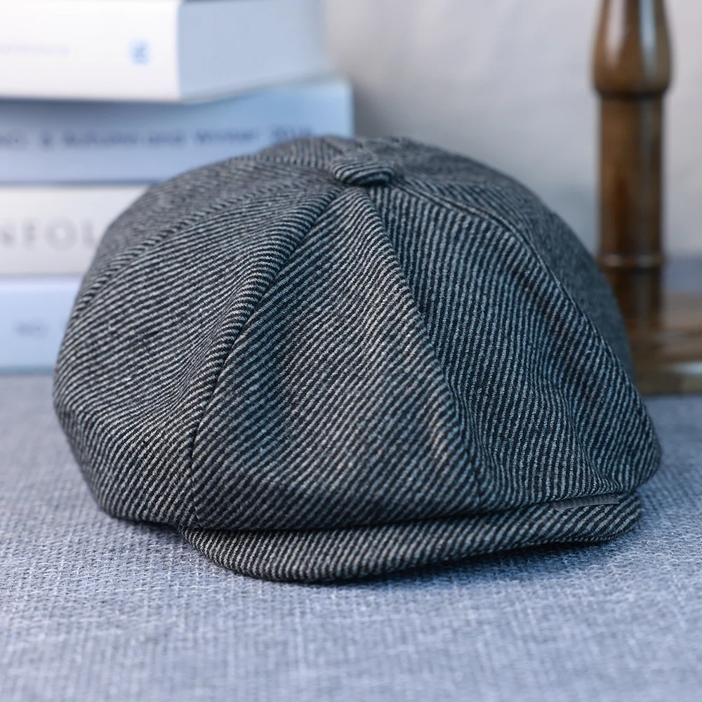 2025New Autumn Winter Gray Stripes Men Classic Beret Retro British Newsboy Cap With Fake Razor Gatsby Woman Octagonal Hats NZ297