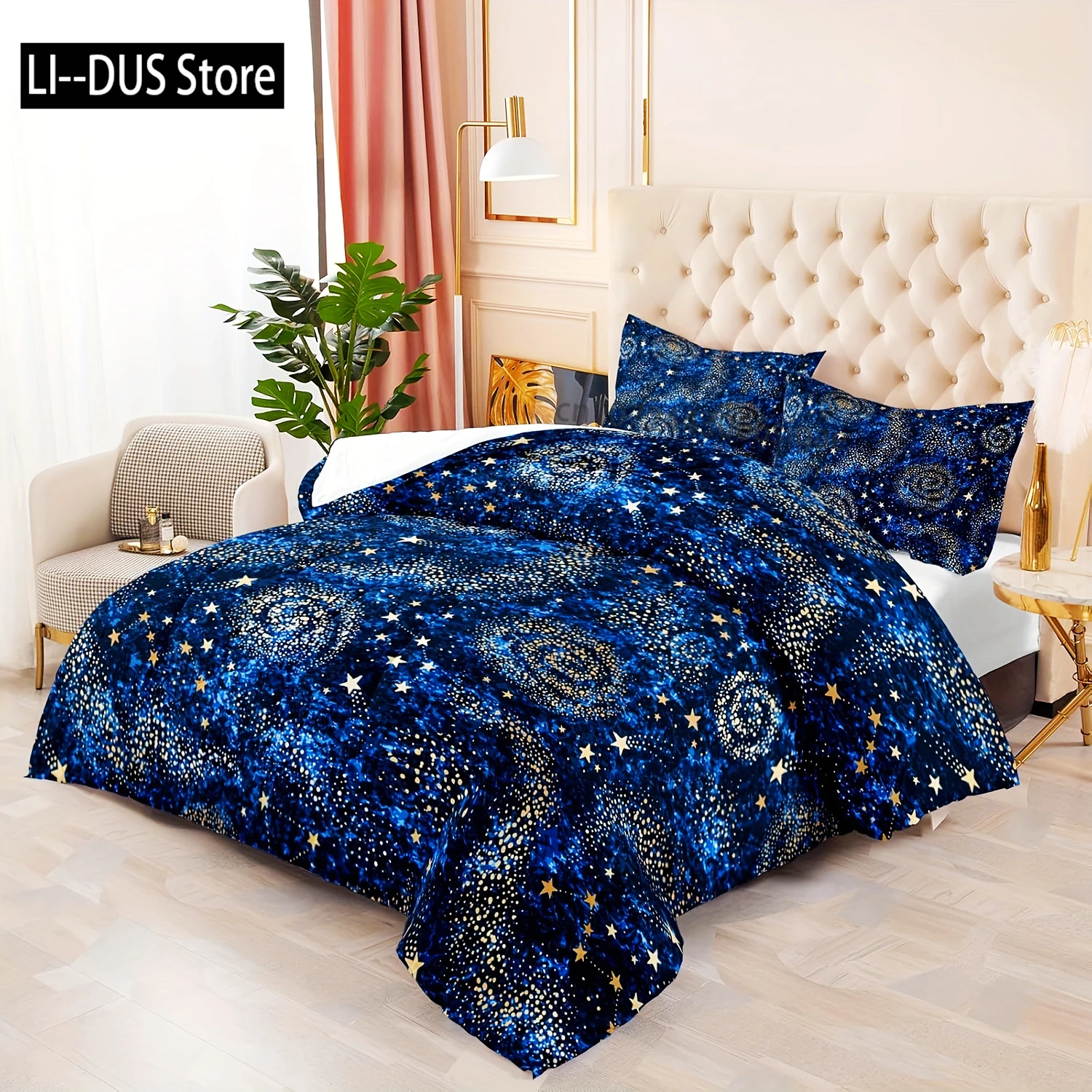 Starry Sky Comforter Set - Soft Blue Interstellar Printed Quilted Bedding With 1 Comforter And 2 Pillow Cases, Golden Stars Patt