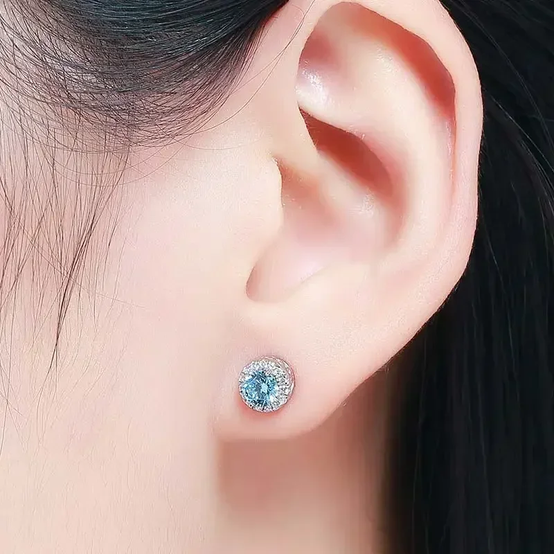 KALETINE Genuine 925 Sterling Silver Stud Earrings For Women Sea Blue CZ Clear Small Earrings Fashion Jewelry Kpop KLTE001