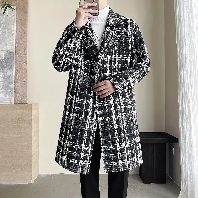 Britischen Stil Jacquard Muster Trenchcoat Männer Herbst Winter Herren Mittel Langen Mantel Business Casual Streetwear Windjacke