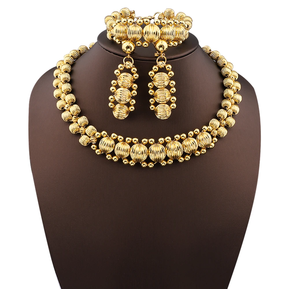 

African Luxury Jewelry Jewelry Gold Color Ball Beads Necklace Earrings Bracelet Women's Set Anniversary Party Wedding Dress Gift