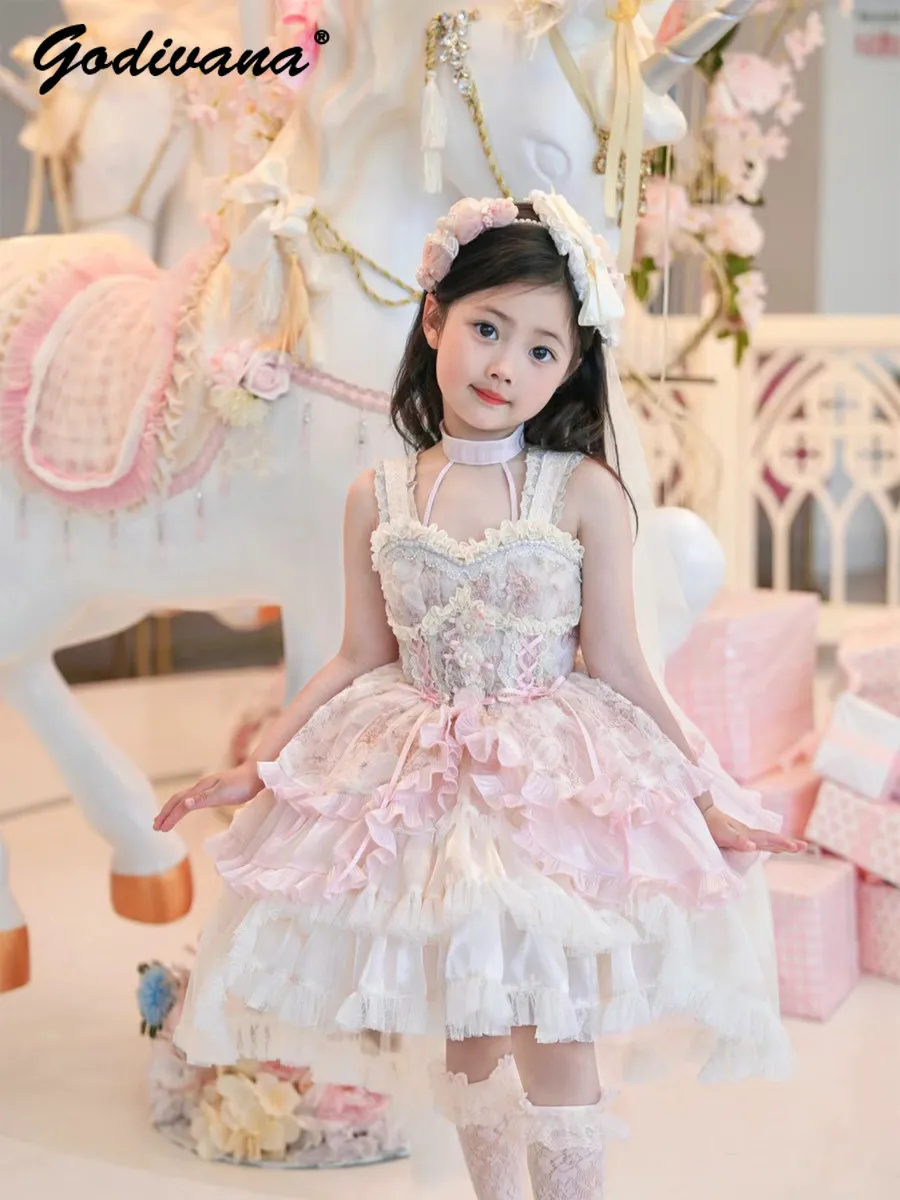 Dopamine Flower Wedding Baby Girls Princess Lolita Dress Children's High End Heavy Fashion Cute Handmade Tulle Ruffle Sundress