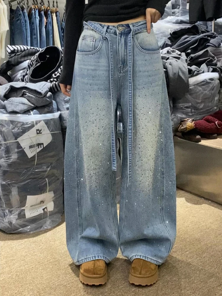 

Retro American Design Rhinestone Denim Pants Women Loose Slim Wide Leg Floor Length Casual High Waist Jeans for Spring Autumn