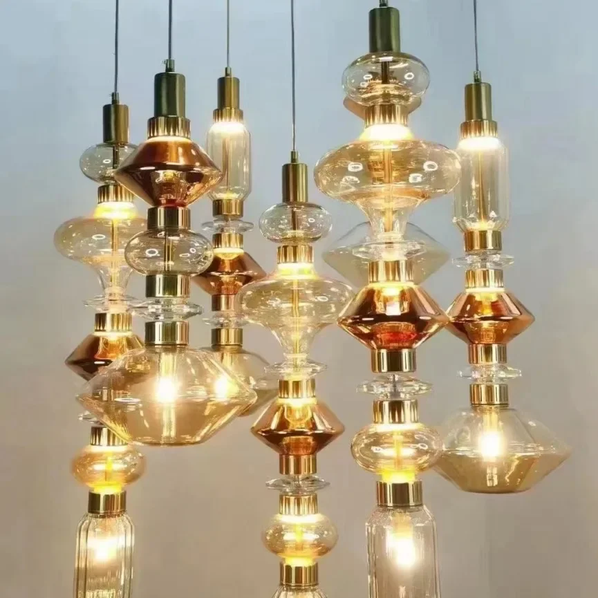 

Прозрачное янтарное стекло, новая светодиодная люстра, бесплатная совместимость, зал, гостиная, ресторан, прикроватные светильники, регулируемый провод 200 см