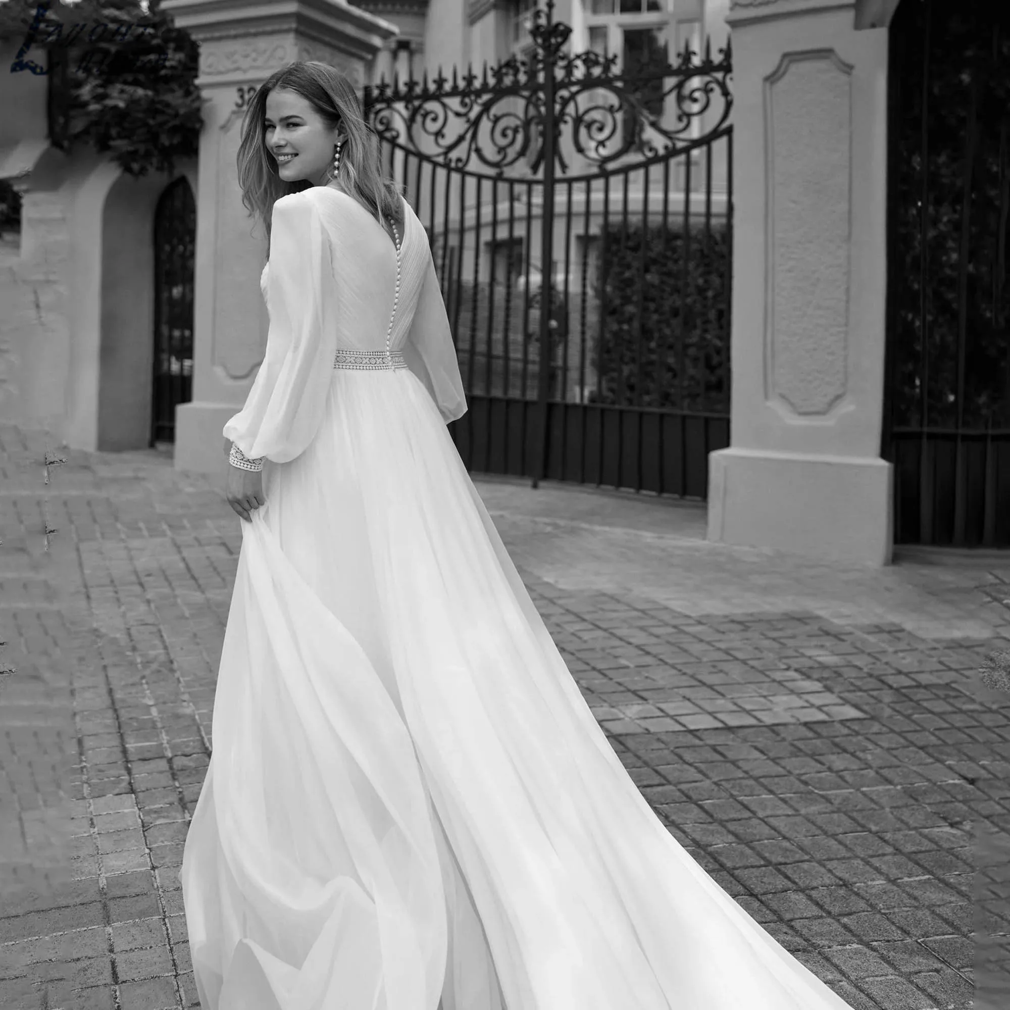 Minimalism Chiffon Lace Wedding Dress V-neck A-line Slit Bridal Gown Long Sleeves Oversize Backless vestidos de novia Customized
