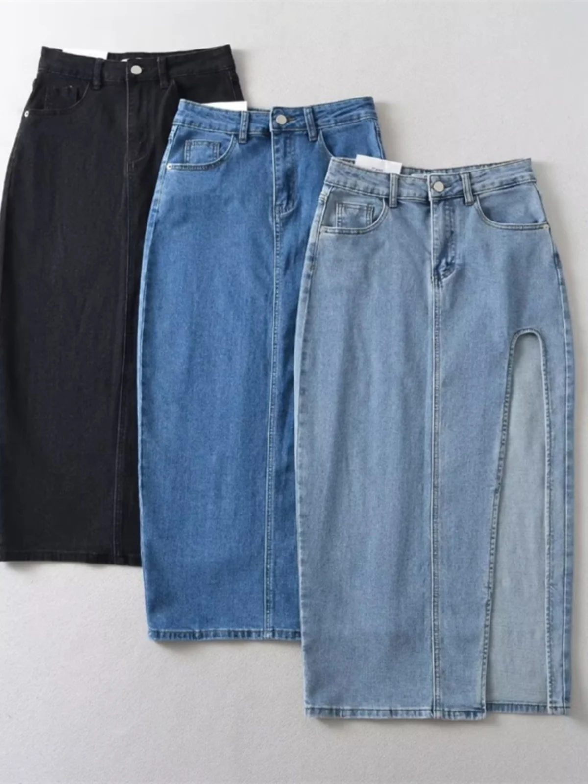 

High Waist Denim Skirt Slimming A-Line Side Slit Midi Skirt Trendy Street Sle Pure Color 2023 Autumn Season