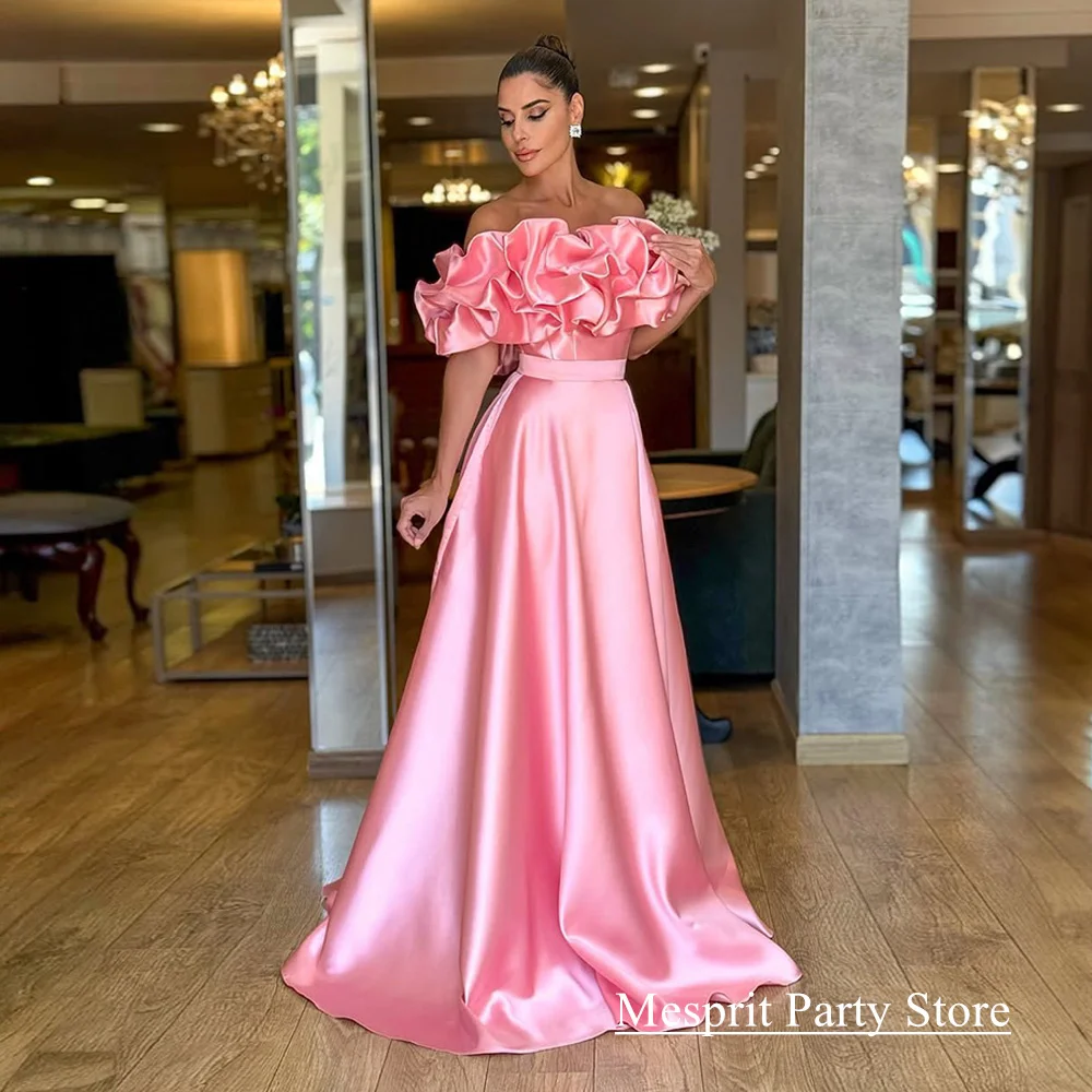 

Pink Evening Dress Arabic Prom Gown Customized Boat Neck Off Shoulder Ruffles A Line Satin Formal Party Dresses Robe De Soiree