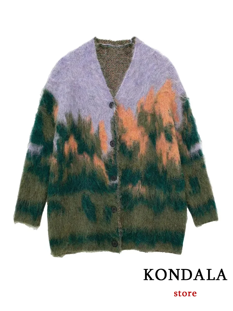 KONDALA Contrast Color Mohair Cardigan Women Loose Long Sleeve Single Breasted Knitted Pullover 2023 Autumn Chic Lady Sweaters