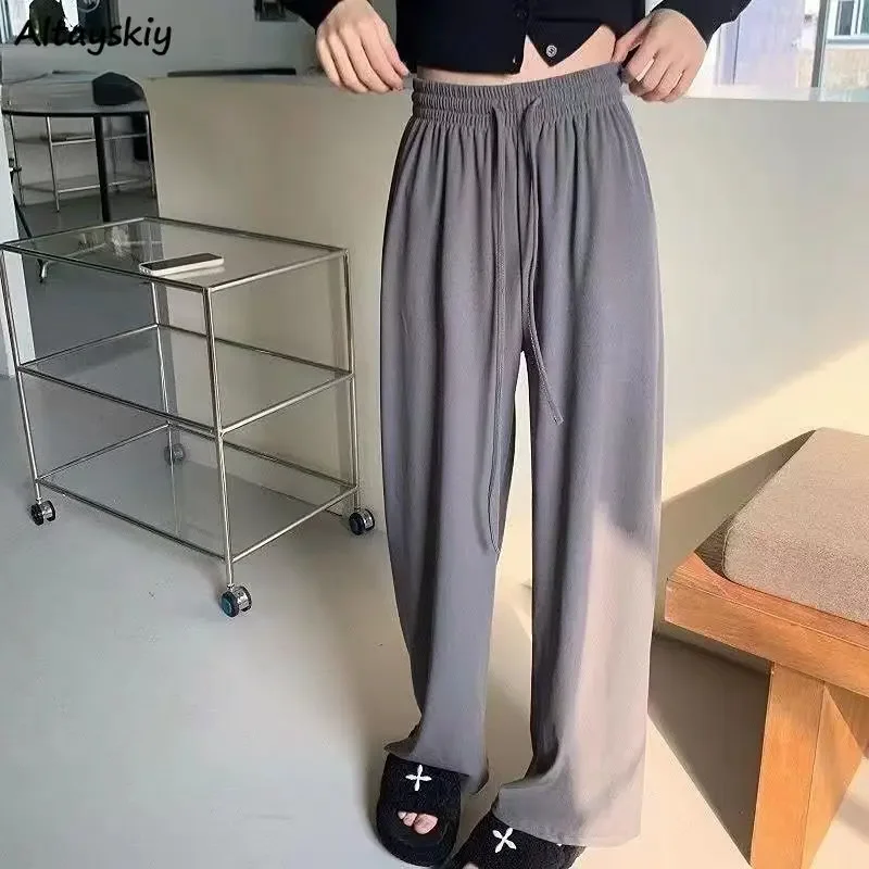 

Wide Leg Pants Women Solid All-match Korean Style High Waist Summer Thin Ladies Temperament Chic Casual Basic Drawstring Vintage