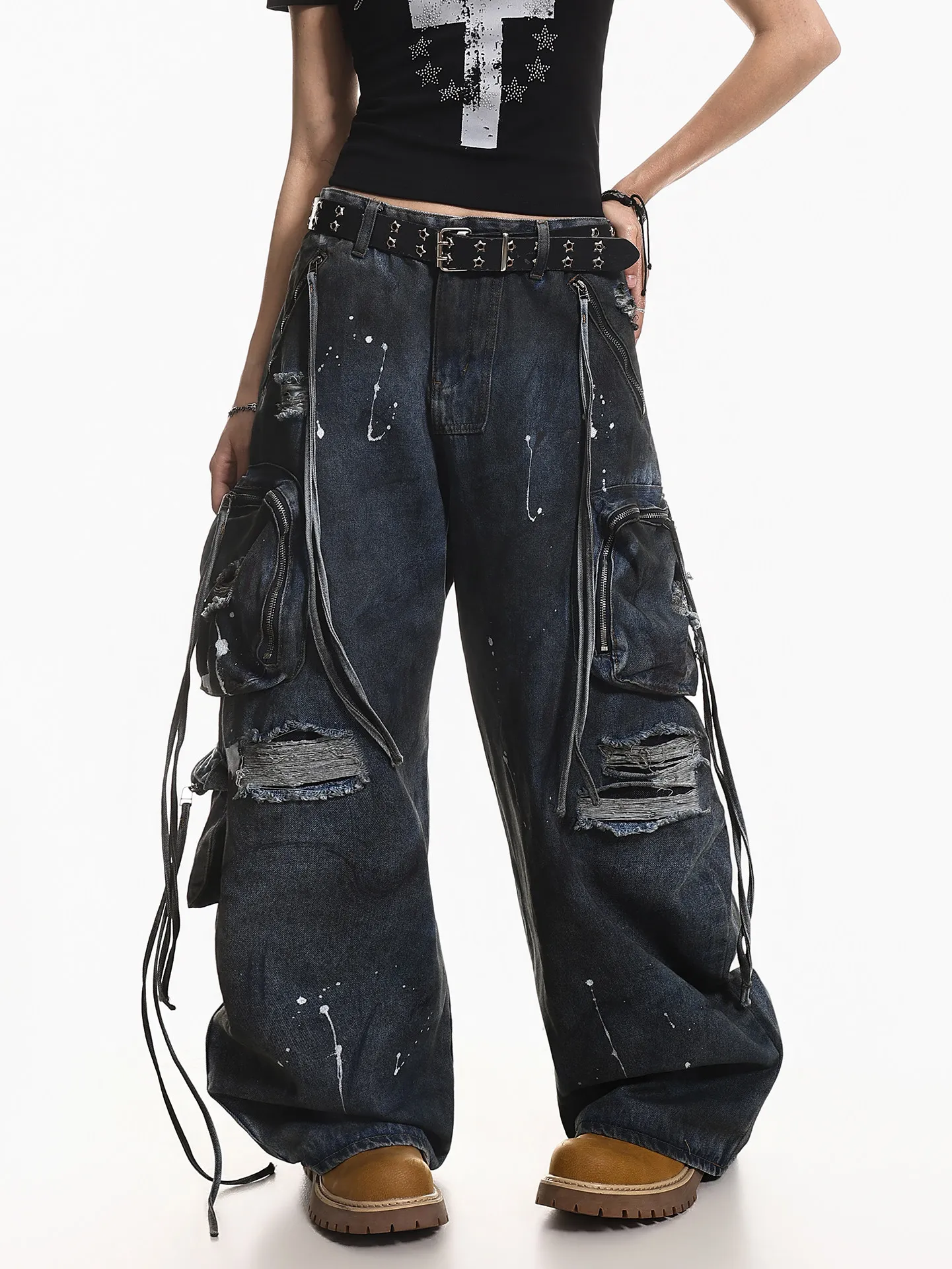 Y2K Harajuku Gothic Multi-Pocket Washed Black Jeans Men And Women 2000s Heavy Industry Drag Pants Street Hip Hop Wide Leg Pants