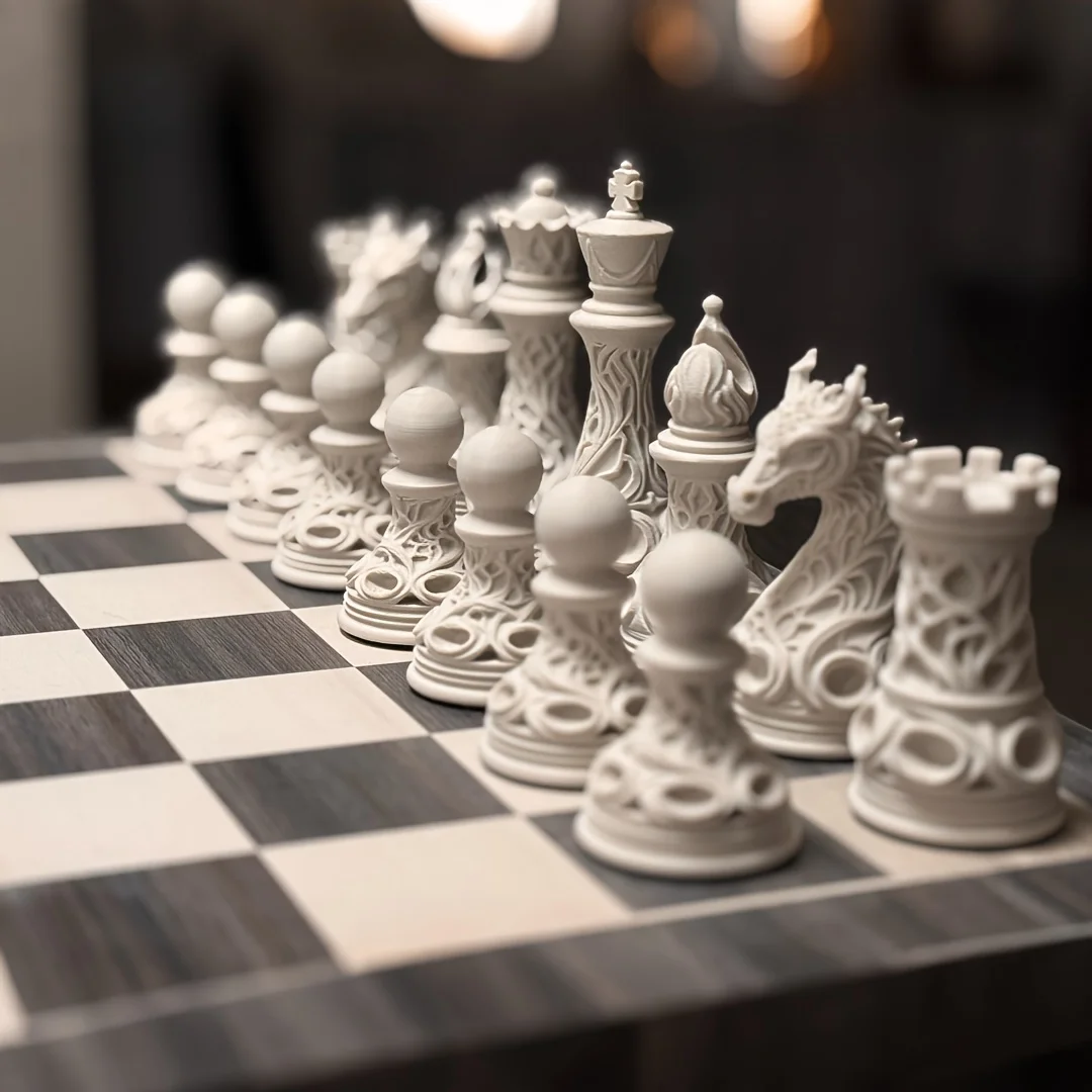 32-teiliges 3D-gedrucktes Schachspiel im Gothic Revival Stil, Schwarz-Weiß, aus Kunststoff | Sci-Fi keltisches gewebtes Kunstwerk mit Drachenmuster – Detail 4
