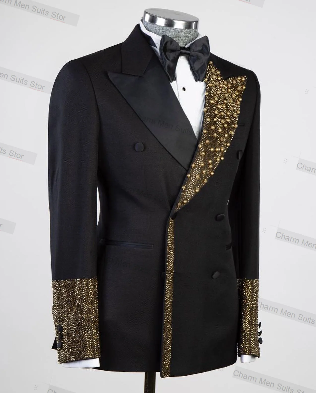 Luxury Black Men Suits Set 2 Piece Blazer+Pants Custom Made Jacket Gold Beads Formal Office Business Groom Wedding Tuxedo Coat