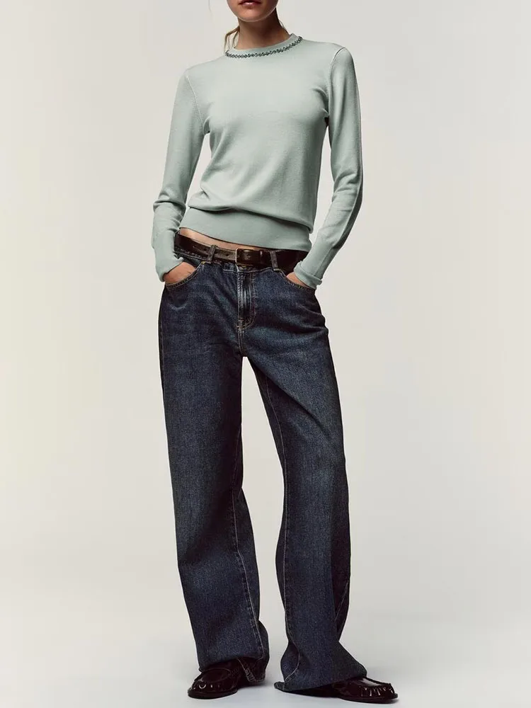 

Ele Sweet Casual Versatile Simple Knitted Sweater New Arrival Autumn 2025 Women's Faion round Ne ort Length Top