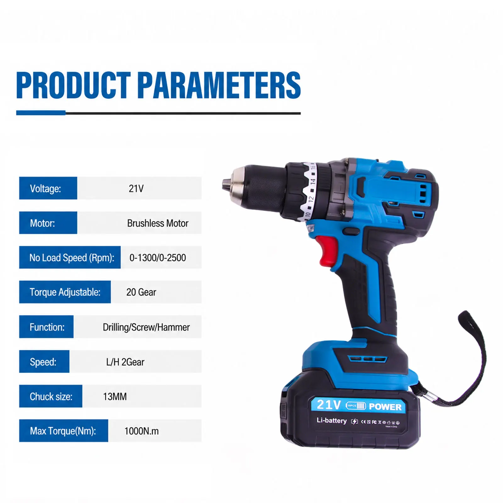 【2026 New】3 IN 1 Brushless Hammer Drill  1000N.m 13mm Chuck 2 Speed 0-3000rpm 20 Torque For Makita 21V Battery Pin