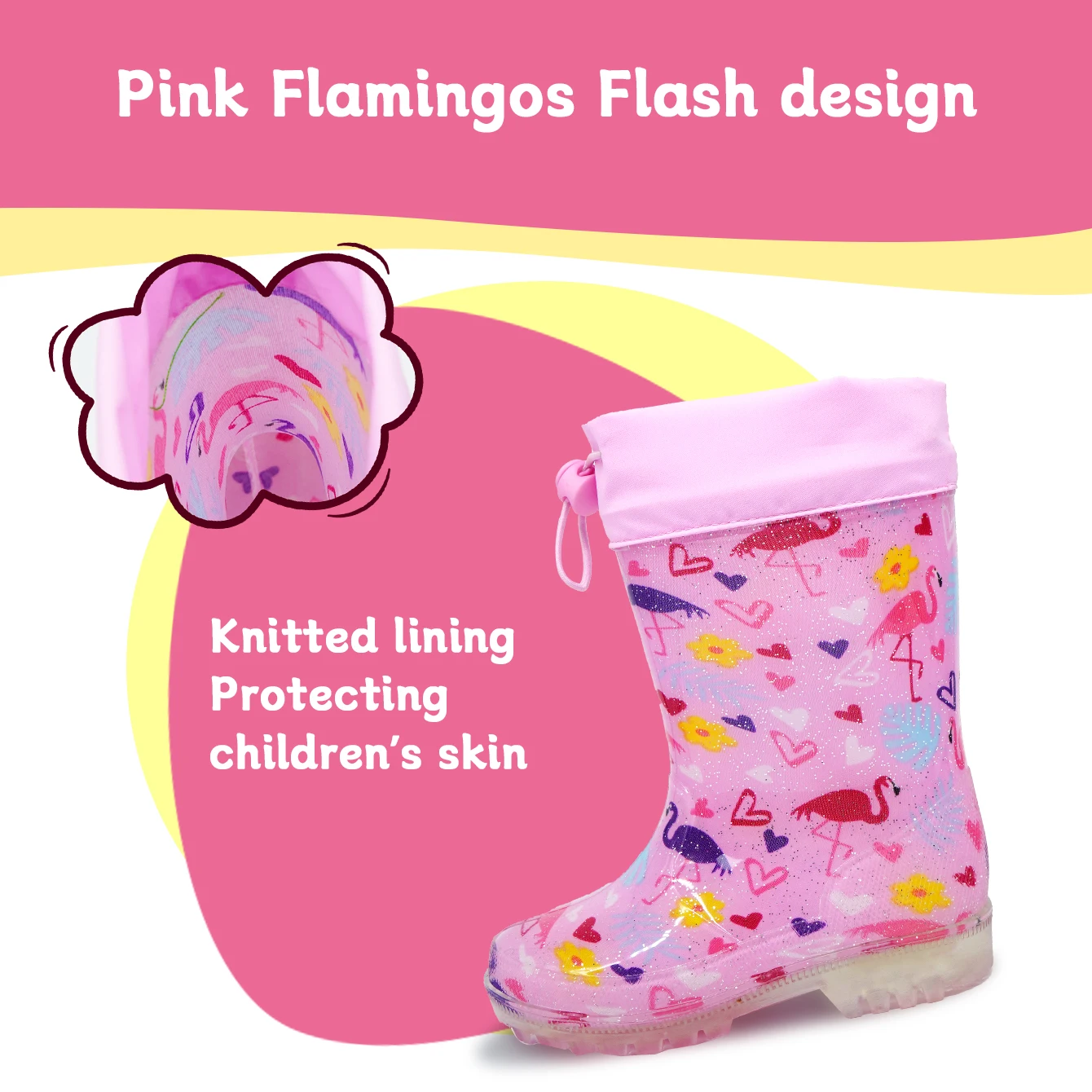 Kids’ Outdoor Pink Flamingos Glitter Rain Boots with Drawstring Closure - Waterproof Anti-slip Water Shoes - Wear-Resistant