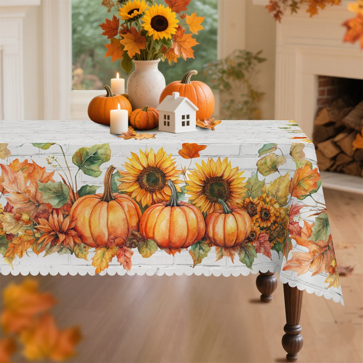 Tischdecke mit Kürbis-, Kürbisblätter- und Sonnenblatt-Herbstmotiven, geeignet für rechteckige und runde Esstische.