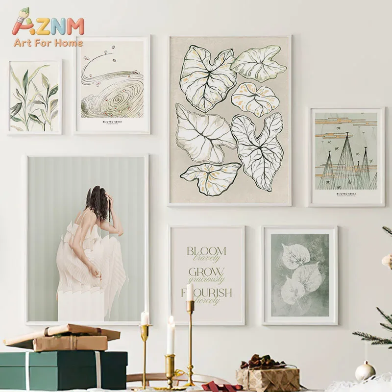 AZNM Sage Green Neutral Canvas Print Line Leaf Japanese Abstract Lady Figure Inspirational Text Minimalist Living Room Unframed