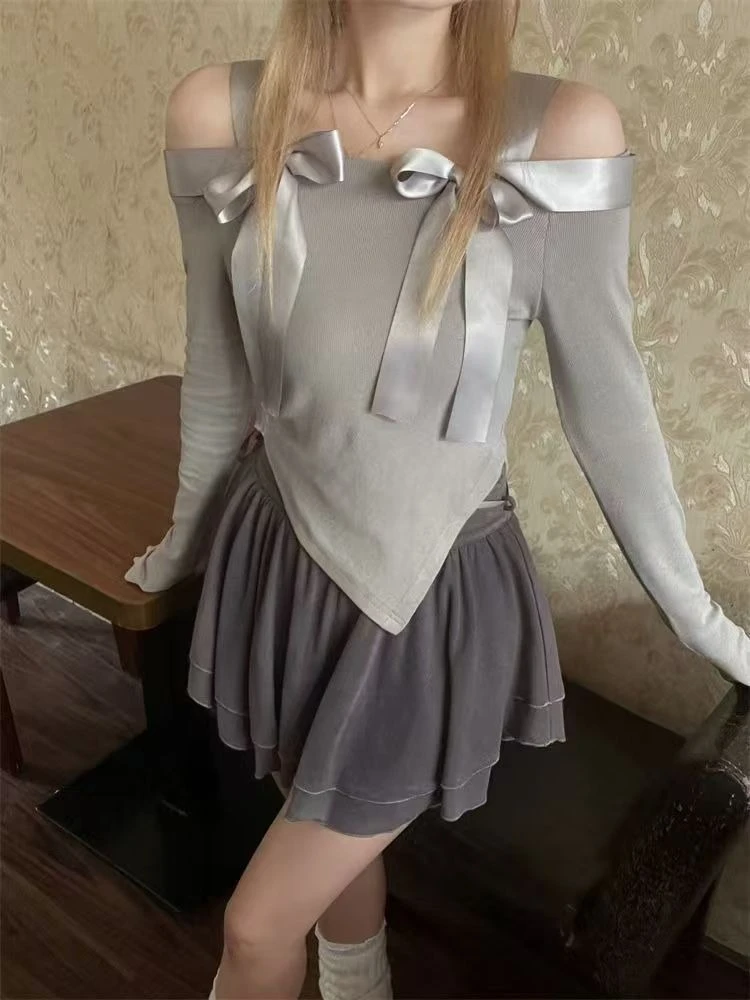 New Korean Style Sweet Bow Off Should Y2k Tops Women Elegant Fashion Vintage Base Shirt Japanese Casual Chic Long Sleeve Tops