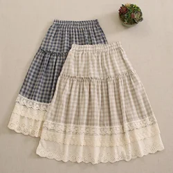 Mori Girl Japanese Style Lace Embroidery Hollow Out Vintage Plaid Cotton Skirt Women Elastic Waist Casual Loose Midi Skirts