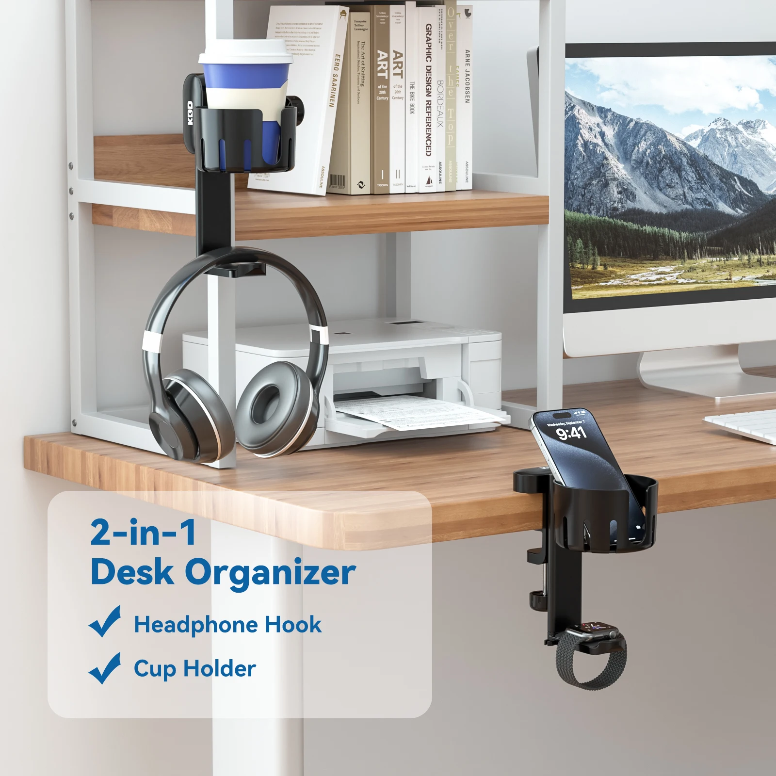 Rotable Headphone Holder 2 in 1 Under Desk Clamp Headset Stand Replaceable Cup Holder for Universal Headset and Cup