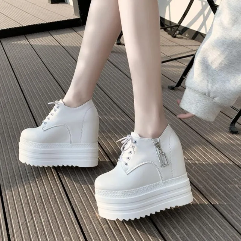 New High Heels Wedges Platform Sneakers 13CM Height Increasing Women Pu Leather Shoes Comfortable Casual Ladies Tennis Shoes
