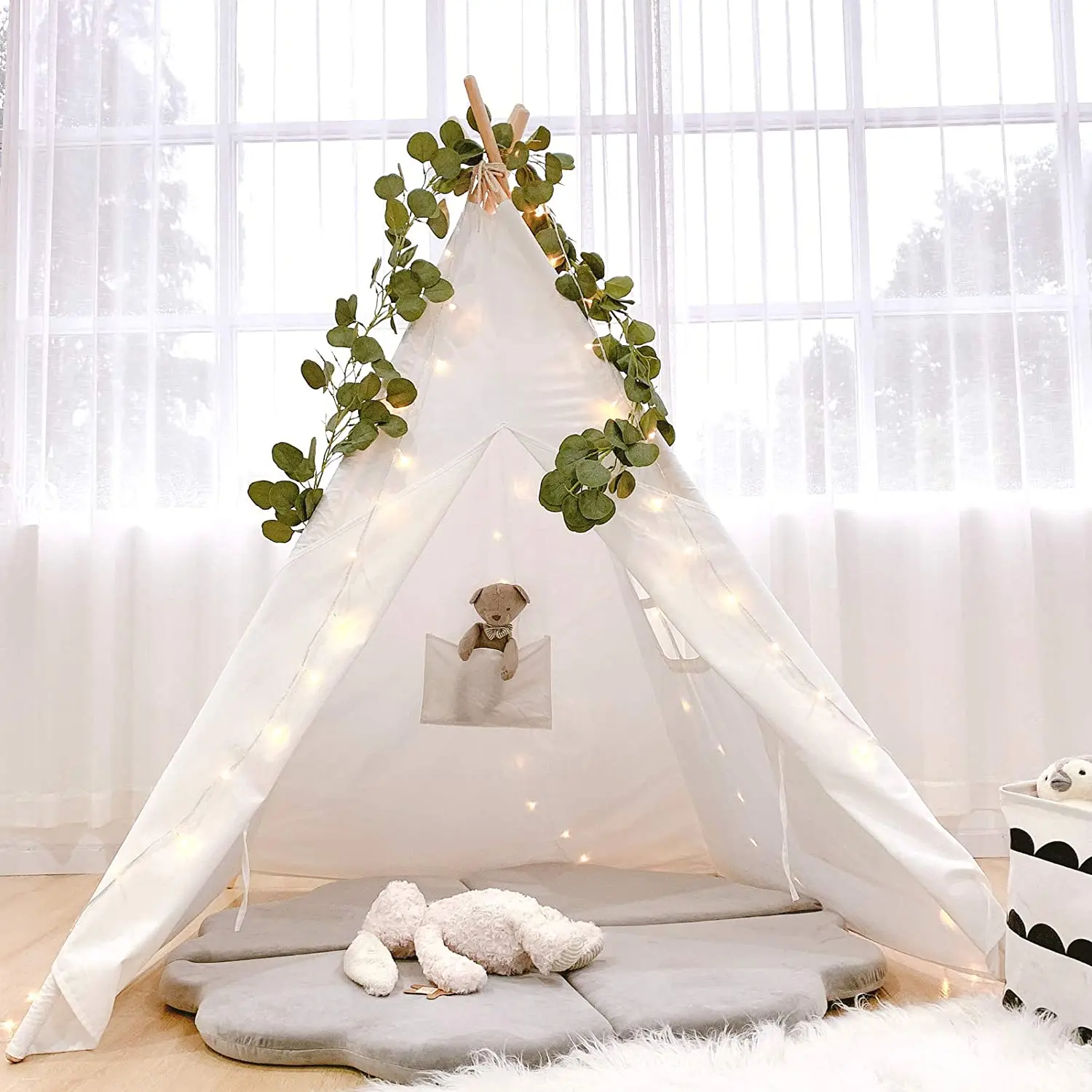 Tienda Tipi para niños, Tipi portátil, casa Infantil para niña, Cabana, decoración, alfombra, luces LED