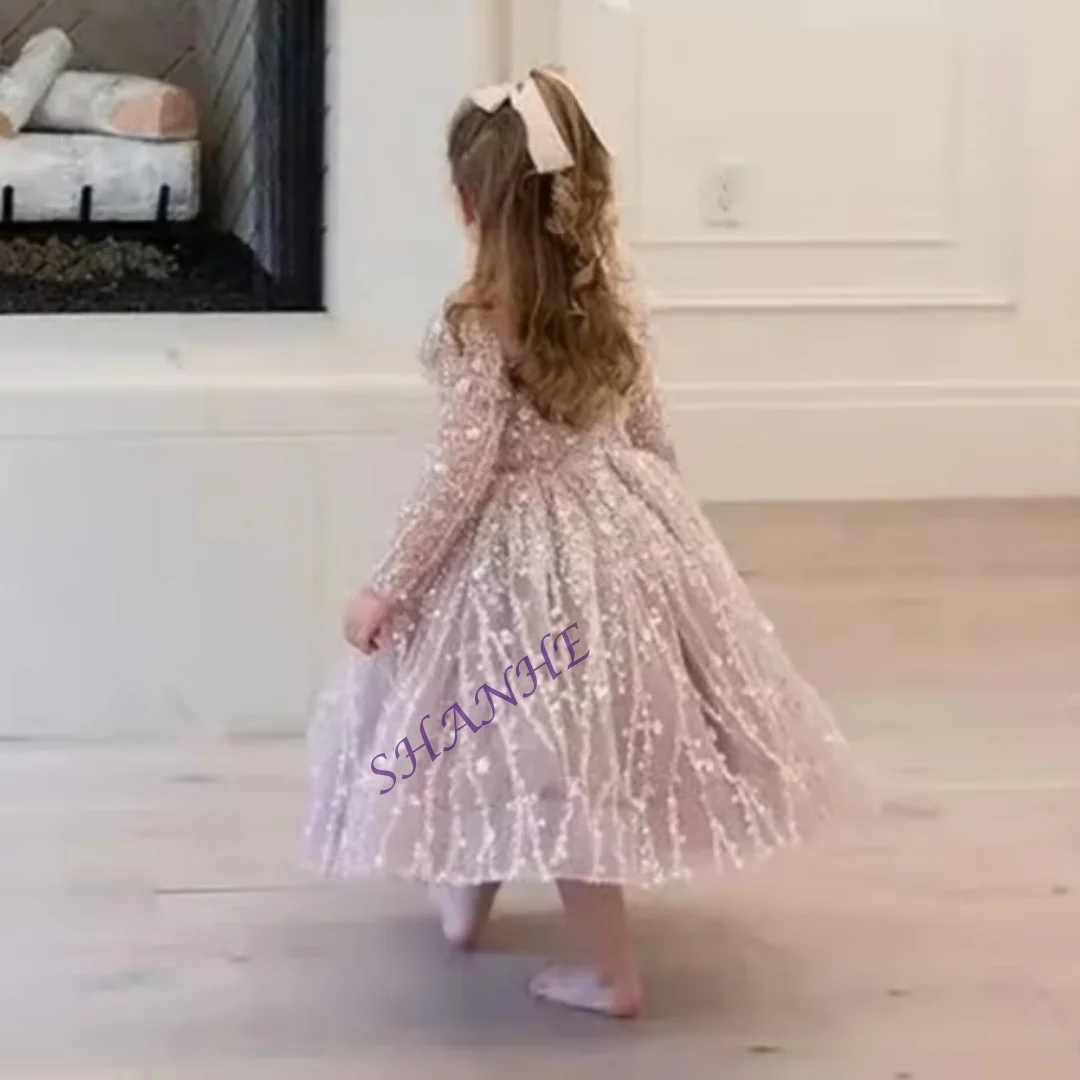 

Тюлевое платье с длинными рукавами и блестками по индивидуальному заказу для девочек, с бантом и акцентом, идеально подходящее для девочек-цветочниц, торжеств на день рождения P