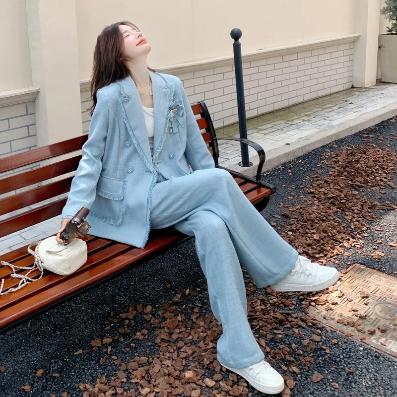 

Осенний новый костюм, комплект из двух предметов, ленивый стиль, модный элегантный бант, маленькая куртка в стиле аромата + однотонные прямые брюки