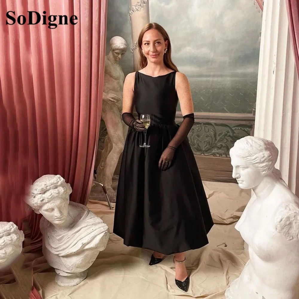 

SoDigne Vintage Satin Evening Dress For Women Party Sleeveless Tea Length Women Dinner Evens Party Gown Birthday Prom Dress