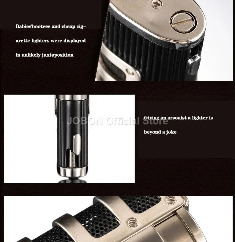 JOBON neues Metall-Outdoor-Feuerzeug mit winddichter Butangasflamme, blauer Flamme, 3-flammigem Turbo-Jet-Zigarrenanzünder, Zigarrenschneider, Geschenk für Männer. – Detail 12