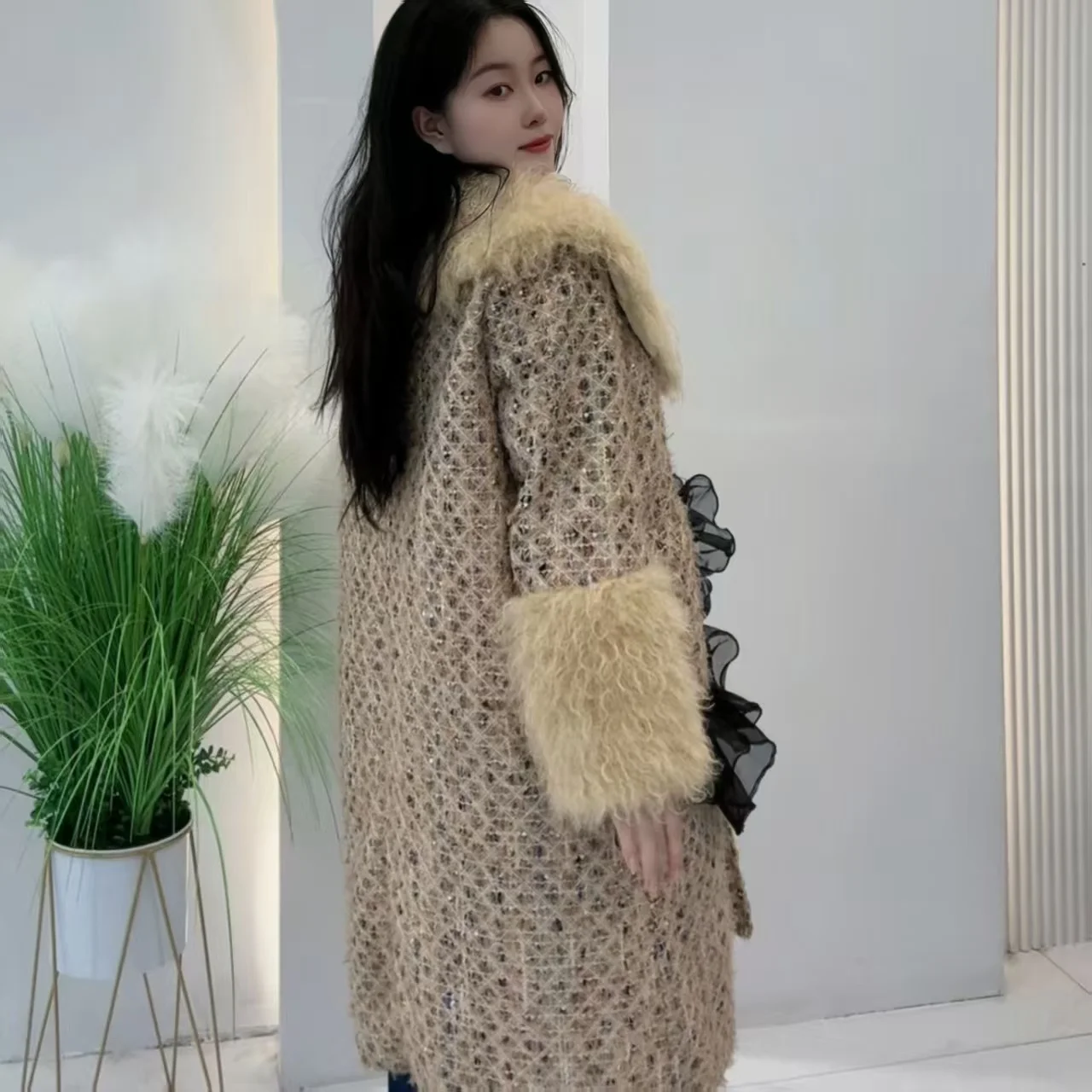 Faux Fur Coats for Women,Fur Collar Jackets,Single Breasted Overcoat,Female Clothes,Thicken Warm,Sequins,Spliced,New ,Winter