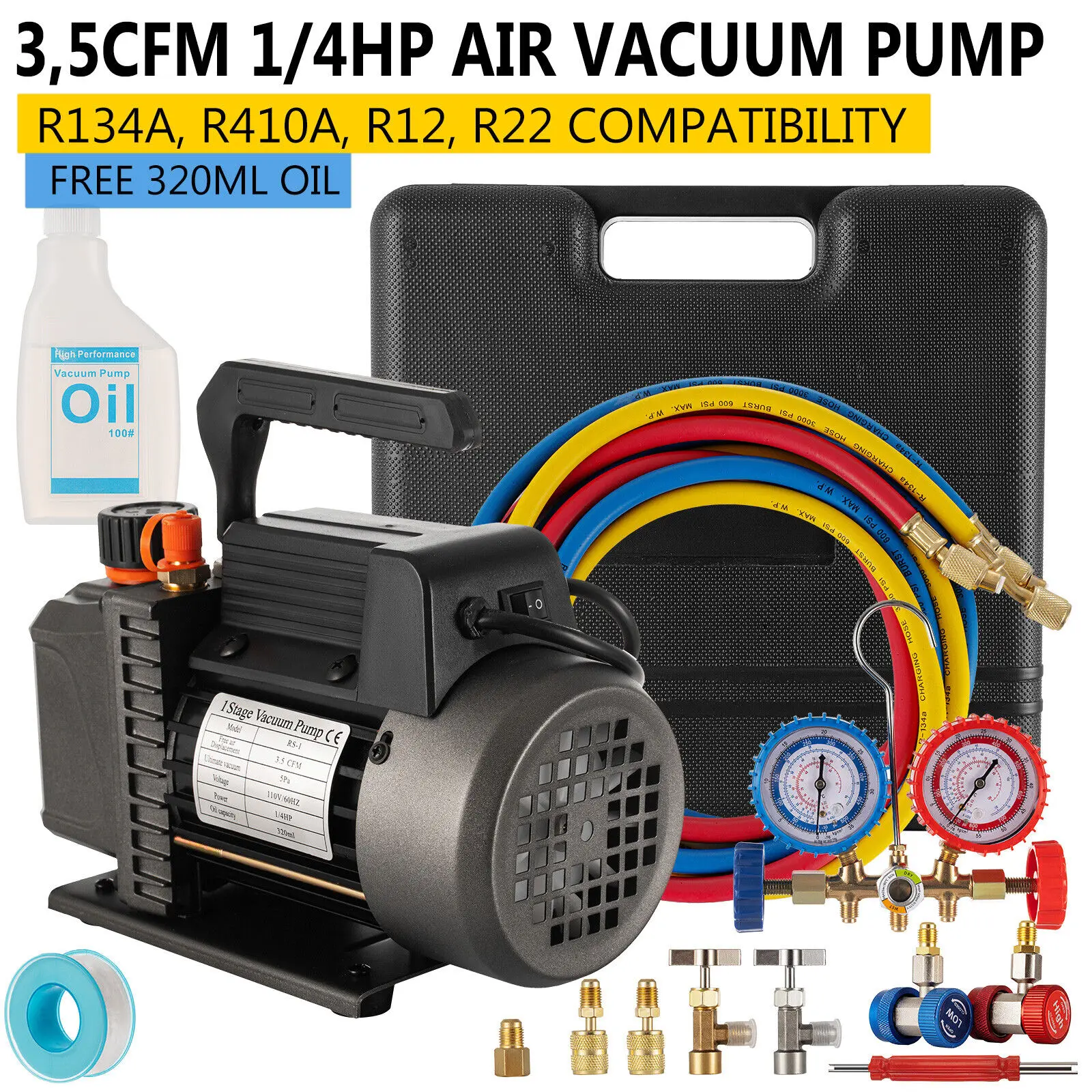 3.5CFM Air Vacuum Pump 1/4HP A/C Manifold Gauge Set for Air Conditioning R134A R410a R22 Air Refrigerant Kit  With Oil