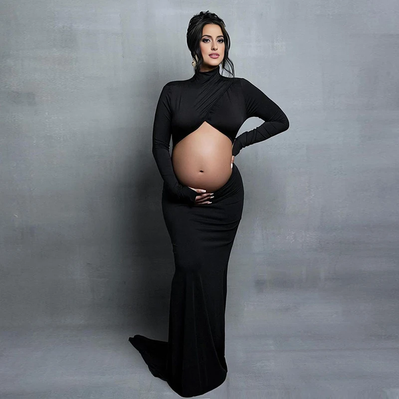 ชุดการตั้งครรภ์การถ่ายภาพ Props Maxi ชุดคอเต่าแขนยาวตัด Belly Bodycon คลอดบุตร PhotoShoot สําหรับอาบน้ําเด็ก