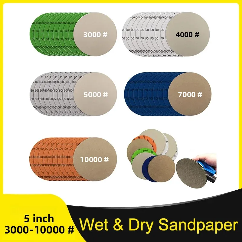 

50Pcs 5 Inch Hook Loop Sandpaper 3000-10000 Grit Round Silicon Carbide Grit Wet Dry for Orbital Sander Auto Wood Metal Polishing