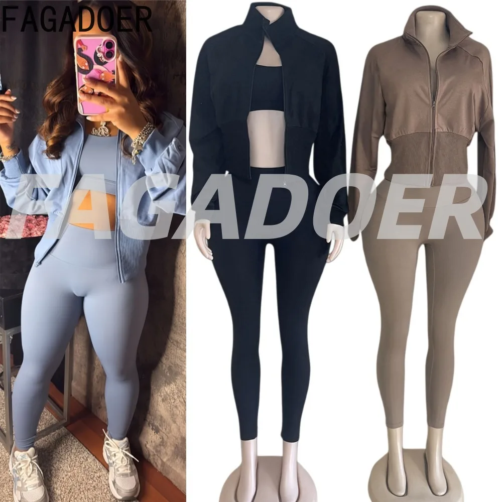 

FAGADOER Fashion High Quality Three Piece Sportswear Set Solid Color Long Sleeves Crop Jacket + Tops + Pants Female Streetwear