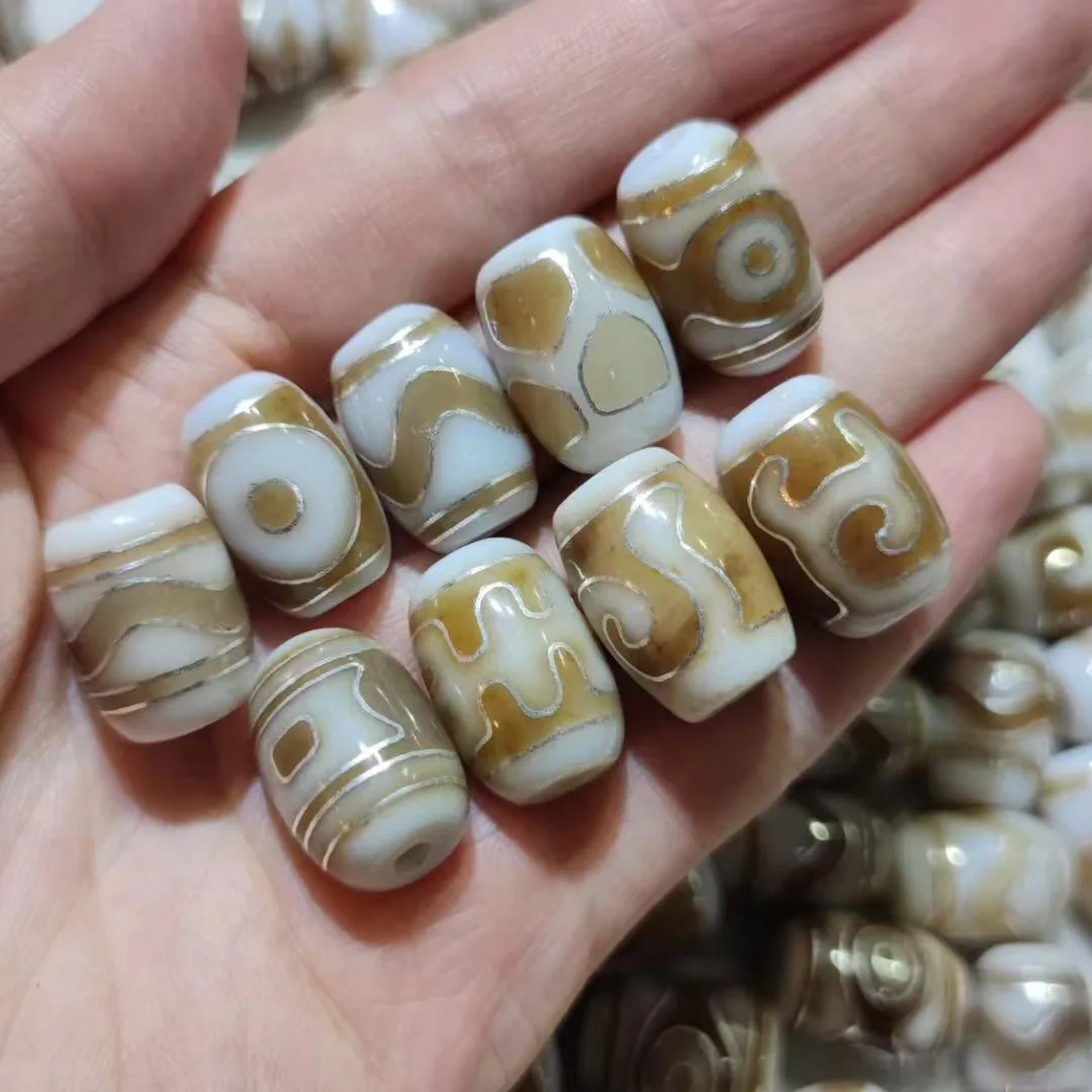 

20pcs/lot Natural Frustration Silver Silk Agate Dzi Grayish-white-brown Barrel beads Weathering lines multiple pattern Fine diy