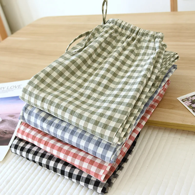 Japanese new spring and autumn couples 100% cotton cloth plaid trousers men and women large size home pants simple casual pants