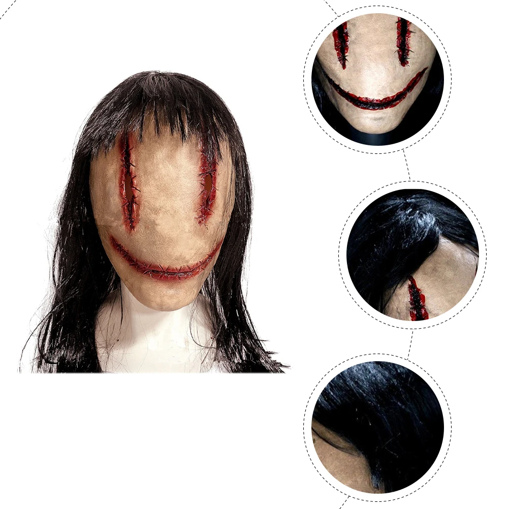 Realistisch enge geest cosplay gezicht voor toneelvoorstelling spookhuis prop horror masker met lang haar latex materiaal Halloween