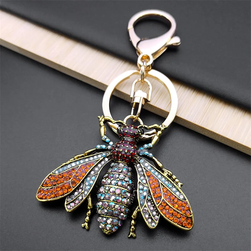 Vintage Crystal Bee Pendant Key Chain Women Alloy Rhinestone Keyring Car Bag Accessories Jewelry llaveros para mujer K9242S04