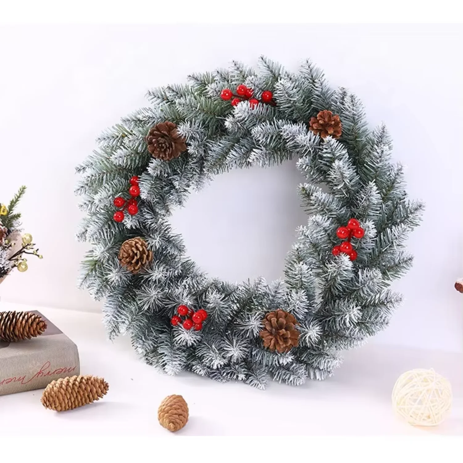 12 Pine Cone Grapevine Flocked Glitter Fir Wreath Artificial Christmas Wreath with Pine Cones, Berry Clusters Hawaiian flowers