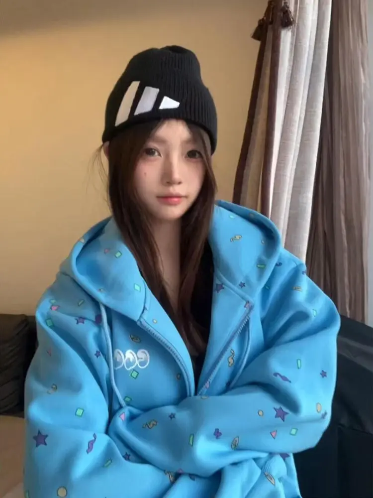 

American Retro Star Hooded Sweatshirt Cardigan Women Autumn Winter New Niche Design Thickened Oversize Lazy Jacket