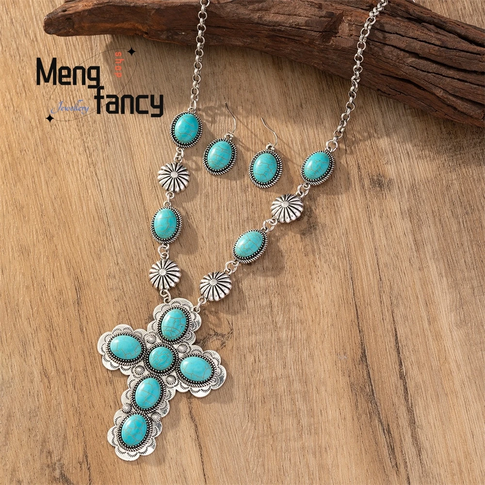 

European And American Retro Fashion Cross Turquoise Necklace And Earrings, Western Style Exaggerated Jewelry Set Exquisite