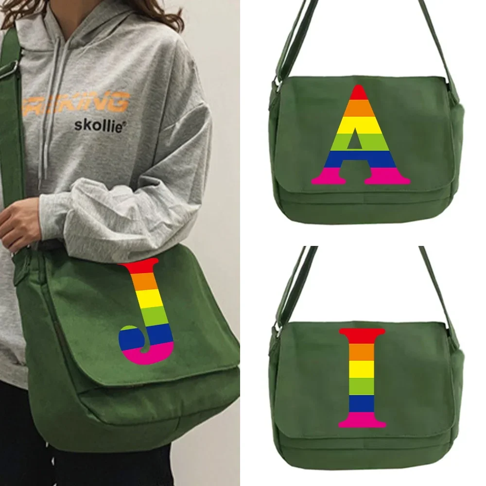 

2024 Simple Canvas Bag Shoulder Messenger Bags Women Organizer Casual All-match Crossbody Case Rainbow Print Satchels