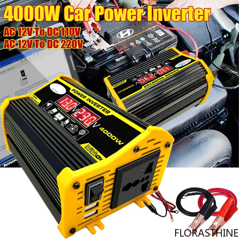 4000W Car Power Inverter DC 12V to AC 110V 220V Universal Sine Wave Charging Electronic Converter 2 USB Outdoor Camping Charge