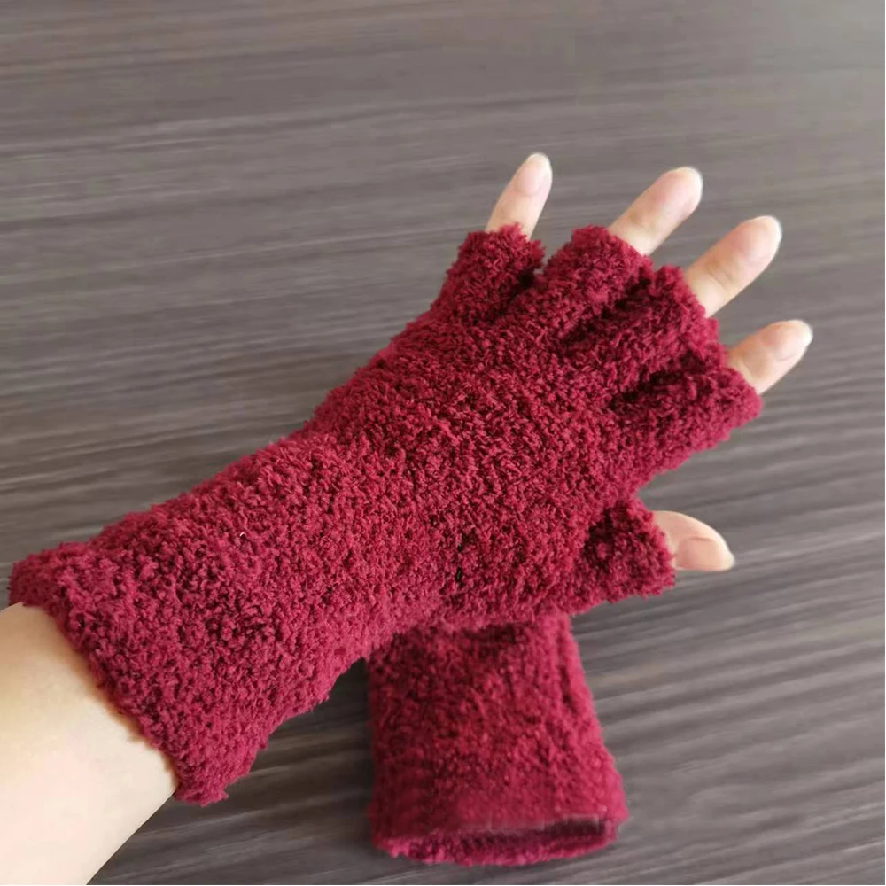 1Pair Half Finger Fingerless Gloves Men\'s And Women\'s Winter Warm Solid Color Knitted Half-finger Velvet Plush Outdoor Mittens