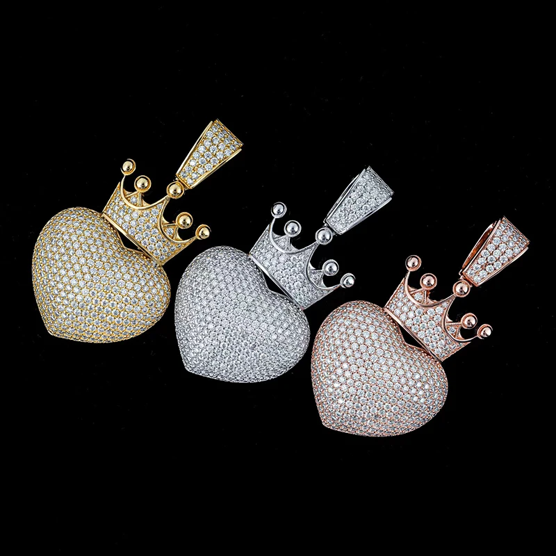 Iced Moissanite Heart Crown Pendant 925 Silver D Color Moissanite Diamond Tennis Cuban Love Pendant Ins Hiphop Jewelry Colgantes