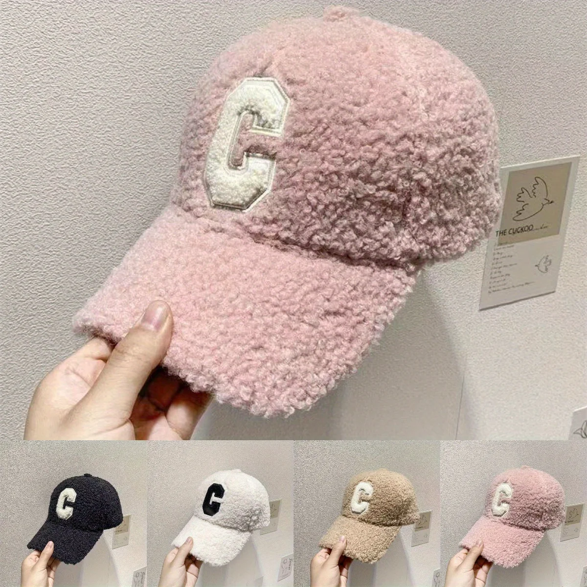 

Autumn Winter Lambswool Thickened Warm Cap Letter C Embroidery Solid Colour Baseball Cap