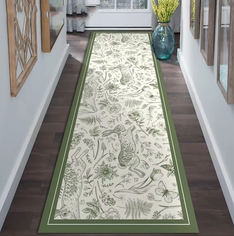

Длинный ковер с североевропейскими зелеными полосами, с изображением кролика и растений, для украшения дома и праздников, идеально подходит для различных случаев